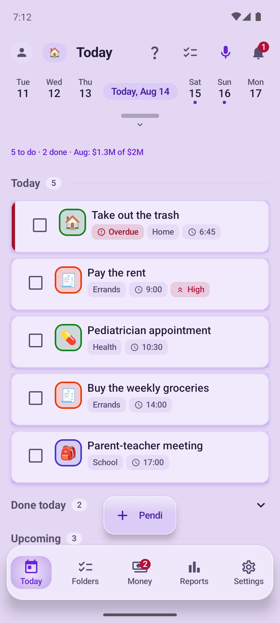 Pendi today screen with the day's Pendis