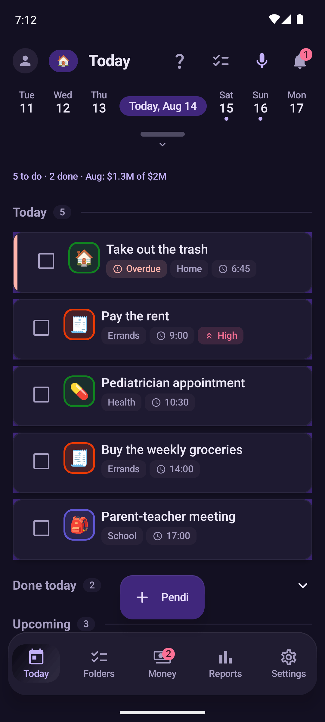 Pendi today screen, dark theme