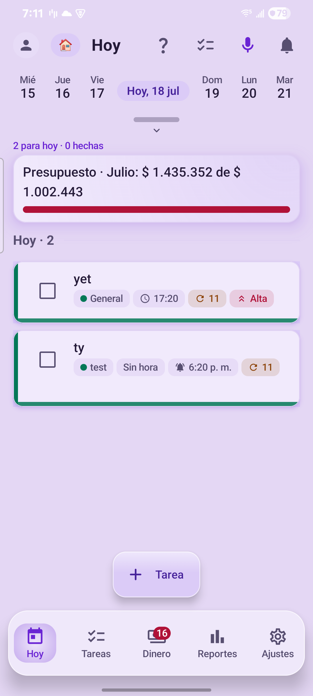 Pendi today screen with tasks and agenda