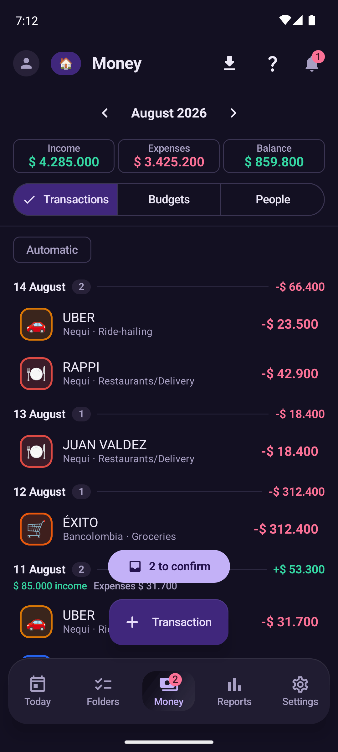 Money movements in Pendi, dark theme