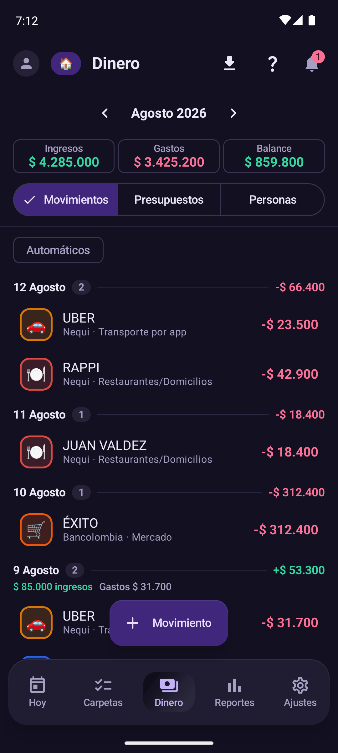 Movimientos de dinero en Pendi, tema oscuro