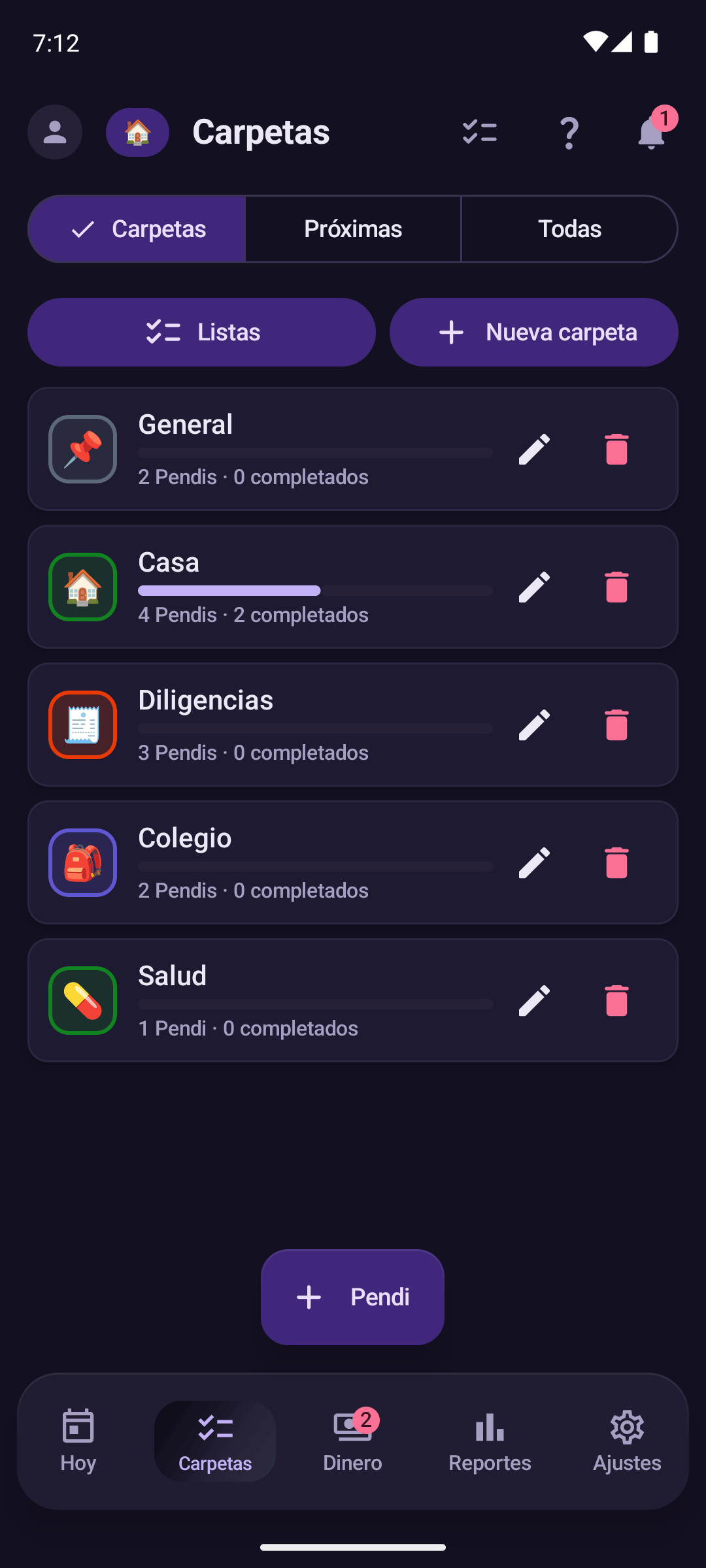 Carpetas de Pendis en Pendi, tema oscuro