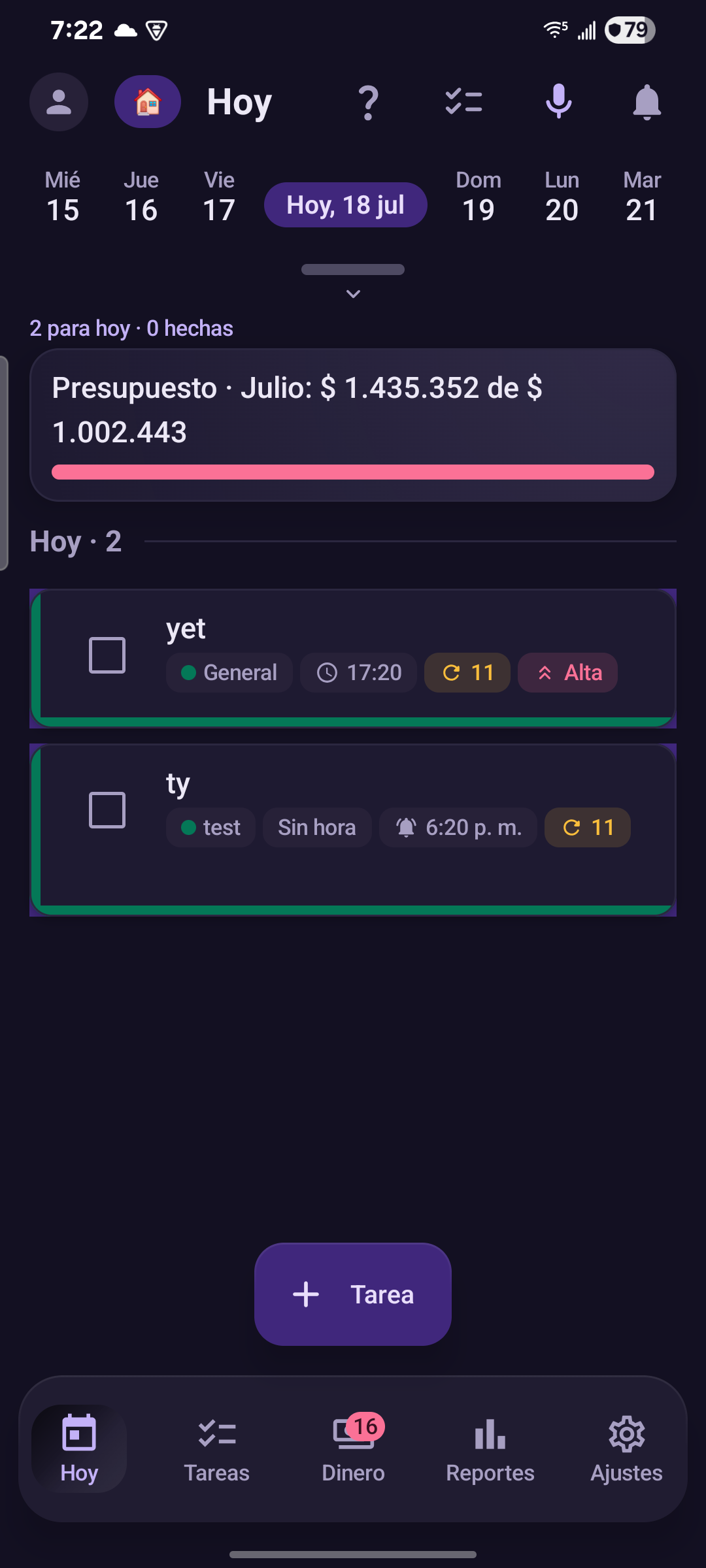 Pantalla de hoy en Pendi, tema oscuro